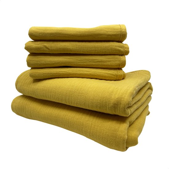 Smikkels - Kraamcadeau hydrofiele doeken (2 stuks) met spuugdoekjes (4 stuks) - Geel - 100% biologisch katoen - hydrofiel met badstof van Smikkels