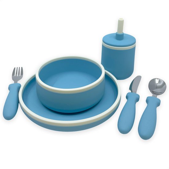 Smikkels - Siliconen kinder dinerset - Eetset baby - Servies - Serviesset - Kinderbestek - Veilig Kinderservies - Duurzaam - Baby - Peuter - Kleuter - Blauw van Smikkels