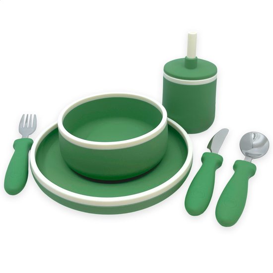 Smikkels - Siliconen kinder dinerset - Eetset baby - Servies - Serviesset - Kinderbestek - Veilig Kinderservies - Duurzaam - Baby - Peuter - Kleuter - Groen van Smikkels