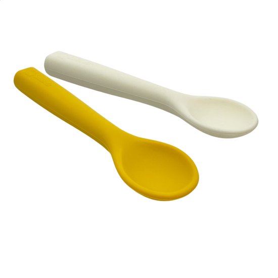 Smikkels - Siliconen set babylepels - Baby bestek - Veilig Kinderbestek - Duurzaam - Peuterlepel - BPA vrij - Geel en wit van Smikkels