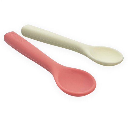 Smikkels - Zachte set babylepels (2 st) - Baby bestek - Veilig Kinderbestek - Duurzaam - Peuterlepel - BPA vrij - Siliconen - Roze en wit van Smikkels