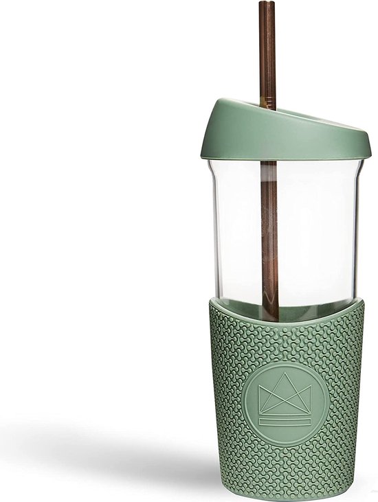 Smoothiebeker met metalen rietje, herbruikbare glazen drinkbeker met 2 deksels met siliconen pakking en 1 hoes, herbruikbaar, recyclebaar en lekvrij, 20oz van GoMaihe
