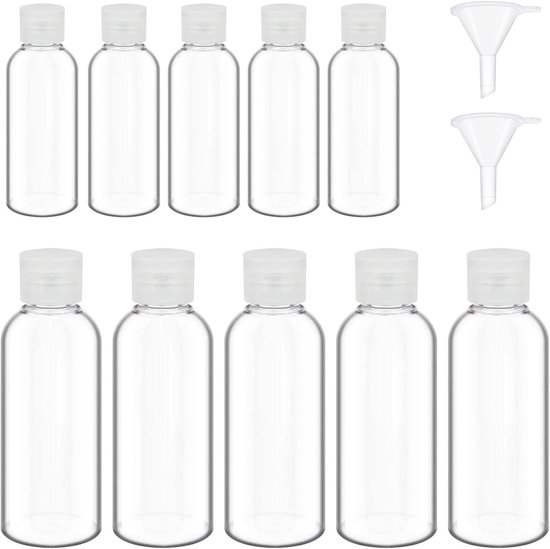 SnelShoppen - 10-delige Reisset met Levensmiddelenflessen – Transparante Plastic Leeg Flesjes, Lekvrije Reishouders voor Vloeistoffen, 50ml & 100ml, M
