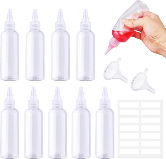 SnelShoppen - 10-Piece Squeeze Bottle Set 100ml - Lege Knijpflessen, Plastic Sauzenflessen met Doppen, Trechters en Labels voor Sauzen, Verf en Olie -