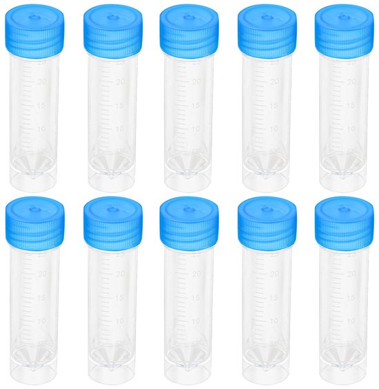 SnelShoppen - 10 Stuks Monsterbuisjes met Blauwe Schroefdeksel - 30 ml Proefbuis - Wegwerp Urinestroosbuisjes - Kunststof Markerreageerbuisjes voor La