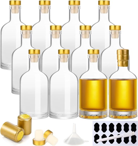 SnelShoppen - 12 Stuks Kleine Glazen Flessen 100 ml - Lege Likeurflessen met Kurk, Krimpdop, Trechter, Etiketten en Pen - Ideaal voor Jenever, Eierlik