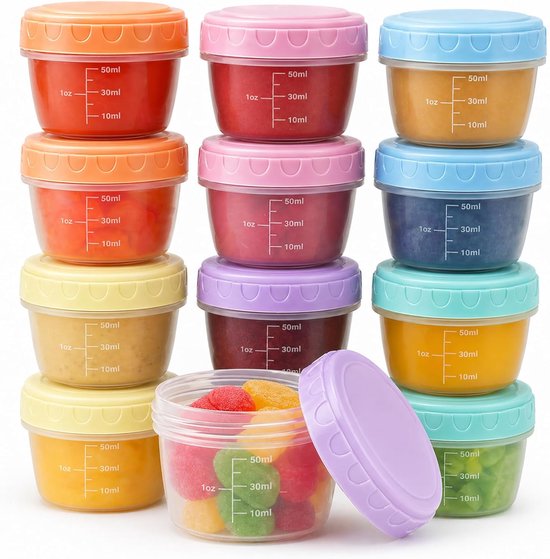 SnelShoppen - 12 stuks kleine vriesdozen 77 ml, BPA-vrij kunststof met deksel, herbruikbare blikjes in pastelkleuren voor snacks, sauzen en restjes, k