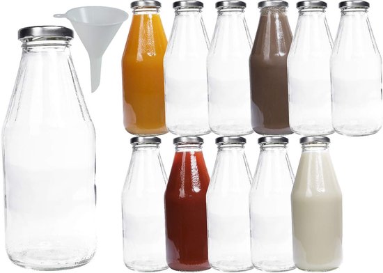SnelShoppen - 12 x Glazen Fles 500 ml met Schroefdop Zilver - Inclusief Trechter voor Keuken, Feest en Camping - Perfect voor Drankjes en Inmaken van Snelshoppen
