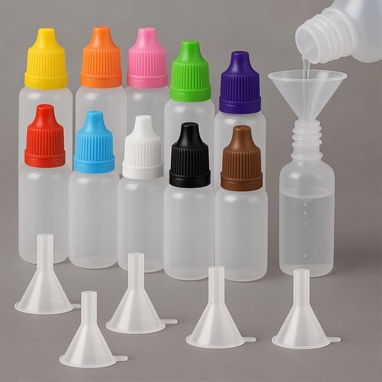 SnelShoppen - 16-delige Set - 10 Flesjes + 6 Trechters - 15 ml Kleine Plastic Dopper Flesjes - Kleurrijke Dopper Flesjes voor Oogvloeistoffen, Perfect