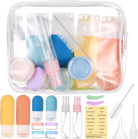 SnelShoppen - 17-delige Reisflessen Set voor Vullen, Herbruikbare Shampoo Flessen, Handbagage Flessen voor Vloeistoffen, Lichtgewicht en Duurzaam, Rei