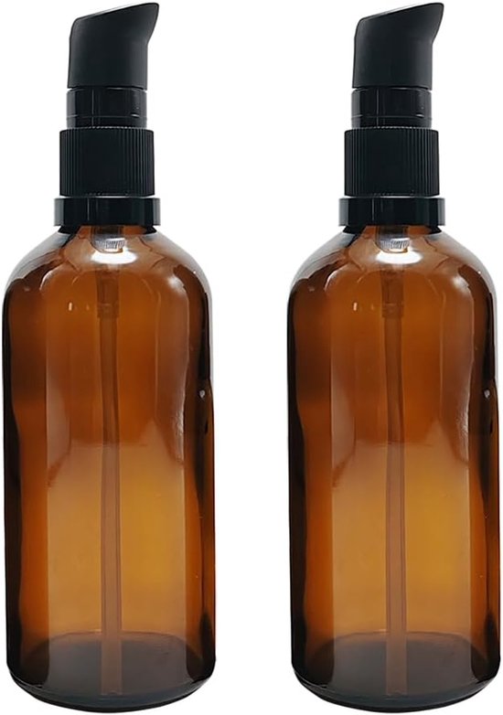 SnelShoppen - 2 Stuks Lege Navulbare 100ml Amber Glazen Lotion Pompflessen met Zwarte Drukdop - Handige Dispenser voor Shampoo, Make-up en Cosmetica -