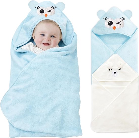 SnelShoppen - 2 Stuks Zachte Babyhanddoek met Capuchon, Super Absorberende Badhanddoek voor Baby's en Peuters, Witte Beer en Blauwe Uil (80 x 80 cm)