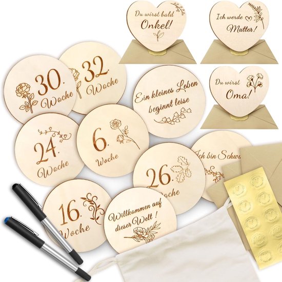 SnelShoppen - 20 Milestone Cards Zwangerschap Houten Schijven Ø10 cm, Eco-vriendelijk, Inclusief Baby Aankondiging Enveloppen, Stickertas, Giftset voo