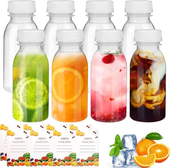 SnelShoppen - 200ml Herbruikbare Lege Flessen - 8 Stuks Plastic Sapflessen met Deksels - Transparante Melkflesjes met 2 Fruitstickers - Ideaal voor Dr