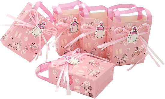 SnelShoppen - 24 Roze Gastgeschenkdoosjes Babyfles-Patroon voor Baby-Meisjes, Feest, Doop, Verjaardag, Pasgeborenen, Babyshower, Kinderfeest, Duurzaam