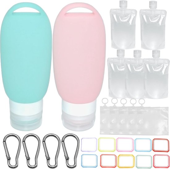 SnelShoppen - 2x 90ml Hond Vullingen, 5 Navulbare Lege Knijpzakken, 5 Vliegtuigzakken Vloeistoffen, Silicone Reisflessen met Carabiner voor Buiten, Hu
