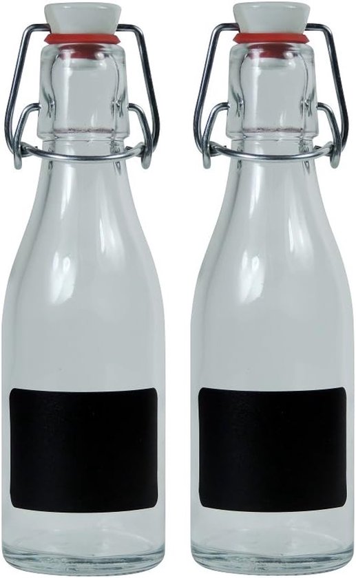 SnelShoppen - 2x Lege Glazen Flessen 200ml met Porseleinen Sluiting - Ideaal als Sapfles, Oliefles, Liqueurfles - Inclusief 2 Labels - Perfect voor Ke