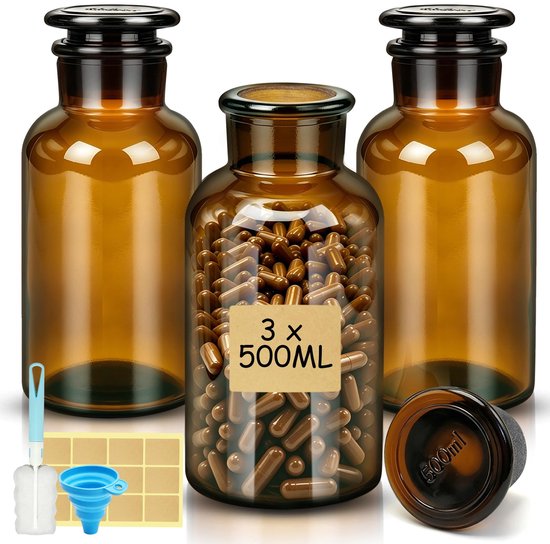 SnelShoppen - 3 Stks Glazen Reagensfles Set 500ml Brede Mond Apotheekfles Bruin Laboratoriumglasfles met Matte Dop voor Monsters Bewaren