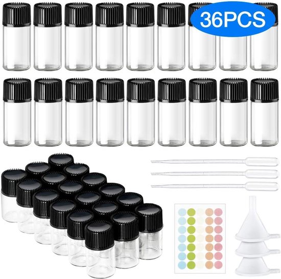 SnelShoppen - 36 Stuks Mini Glas Flessen Set - Lege Transparante Flesjes 2ml & 3ml voor Aromatherapie, Parfum en Essentiële Olie met Silicone Trechter