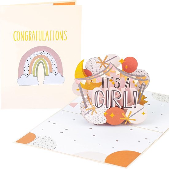 SnelShoppen - 3D Pop-Up Kaart 'Congratulations it's a girl!' voor Gender Reveal, Baby Shower, Verjaardag, Geboorte Aankondiging - 6x7.5 inch - Leuke B