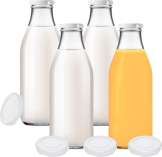 SnelShoppen - 4 Glazen Flessen 1000 ml - Sapflessen Melkfles met 8 Witte Schroefdeksels & Etiketten - Ideaal voor Sappen, Sauzen en Bewaren