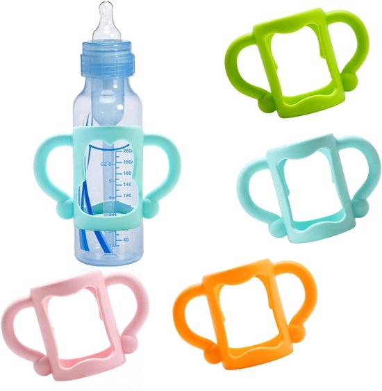 SnelShoppen - 4 Pack Babyfles Handgrepen Silicone - Goede Grip voor Brede Nekkende Flessen - Geschikt voor Avent en Meer - Oranje, Roze, Blauw, Groen