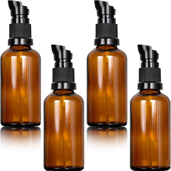 SnelShoppen - 4 Stuks 100ml Lege Glazen Flessen Bruin Amber Lotion Flessen met Pomp + Trechter + Spuiten + Stickers voor Aromatherapie, Essentiële Oli van Snelshoppen