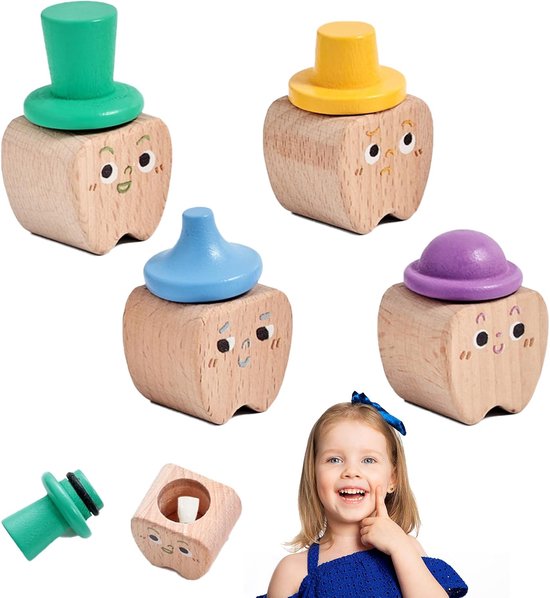 SnelShoppen - 4 Stuks Melktanddoosje Houten Tanddoosje voor Baby Tanden, Kinderen, Meisjes, Duurzaam, Corrosiebestendig, Silicone Deksel, Perfect voor