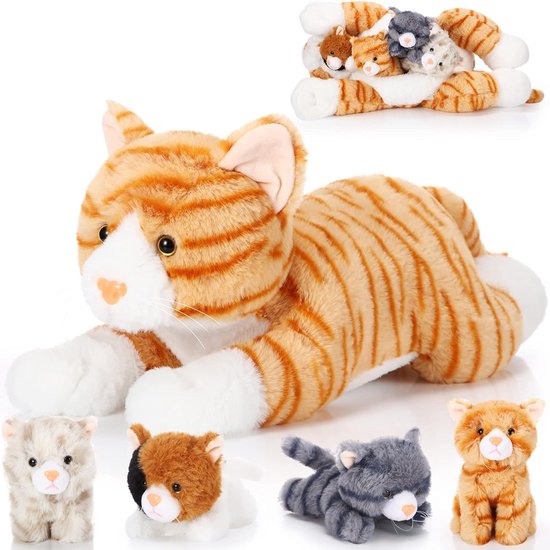SnelShoppen - 5-Delige Grote Pluche Katten Set - Zachte Knuffel Toy met 4 Schattige Kittens - Fluffy Moeder en Baby Katten - Perfect Cadeau voor Verja