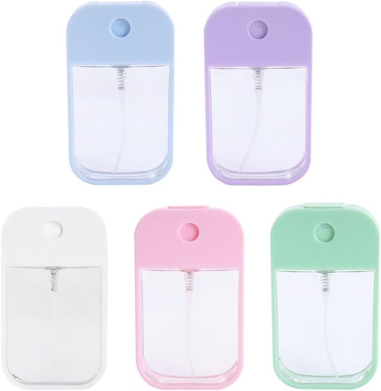 SnelShoppen - 5 Mini Spray Flessen voor Desinfectie, Reizen, Cosmetica, Handen, Set van 5 in Wit, Blauw, Roze, Groen en Paars - Handgemaakt en Ideaal