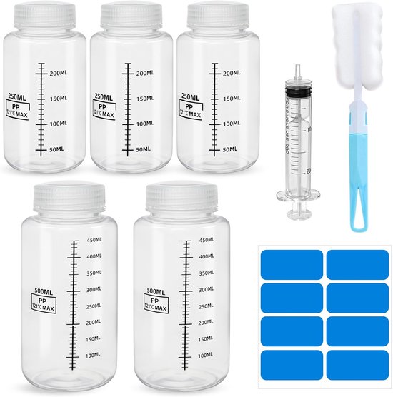 SnelShoppen - 5 Stuks Brede Nek Fles 500ml 250ml Laboratorium Fles met Schroefdop, Inclusief Etiketten, Spuit en Flesborstel voor het Bewaren van Vloe