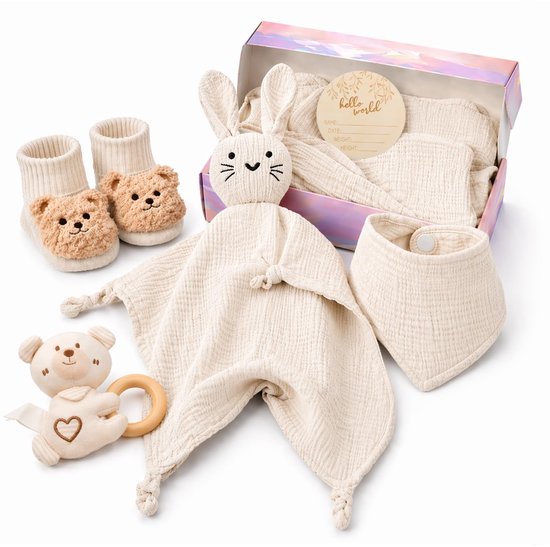 SnelShoppen - 6-in-1 Geboortecadeau Pakket Neutraal Voor Meisje Jongen Pasgeboren Kado Met Speelgoed, Kleding, Doekjes, Fopspeen, Knuffel En Babyboek