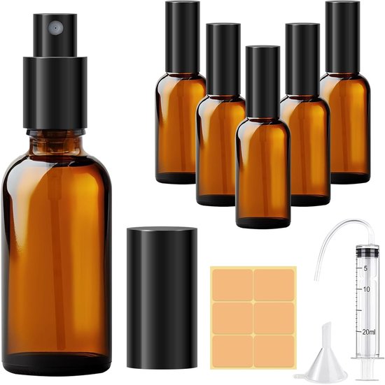 SnelShoppen - 6 Pcs 50ml Bruine Glas Spray Flessen - Herbruikbare Lege Flessen met Trechter en Spuit - Perfect voor Parfum, Essentiële Olie, Lotion, R