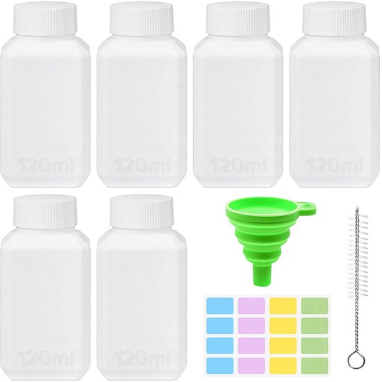 SnelShoppen - 6 Stuks 120ml Reagent Flessen, Laboratorium Chemische Flessen met Schroefdop, Lekvrije Vierkante Fles, Inclusief Trechter en Borstel voo