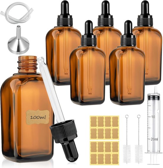 SnelShoppen - 6 Stuks Amber Glazen Pipetflesjes 100ml, Bruine Druppelflessen met Pipetje en Etiketten voor Etherische Oliën, Parfum, Vloeistof - Apoth
