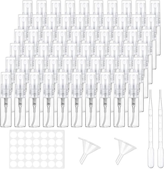 SnelShoppen - 60 Stuks Mini Sprayflessen voor Parfum, 3 ml, Herbruikbare Verstuiver, Glas, BPA-vrij, Perfect voor Lichaamsverzorging en Cosmetica