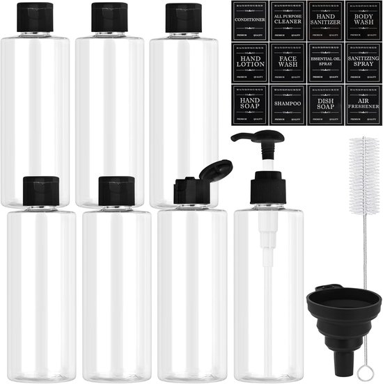 SnelShoppen - 7Pcs Lege Reisflessen Set 250ml met Flip Cap, Push Pomp, Trechter en Etiketten - Herbruikbare Plastic Flessen voor Shampoo, Lotion, Cosm