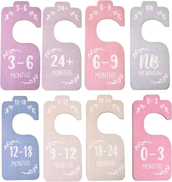 SnelShoppen - 8 Stuks Baby Kleding Scheidingsstukken met Leeftijdsgroepen, Houten Kledingorganisatie, Dubbelzijdig Geprint, 18 x 8 cm, Veilig en Duurz
