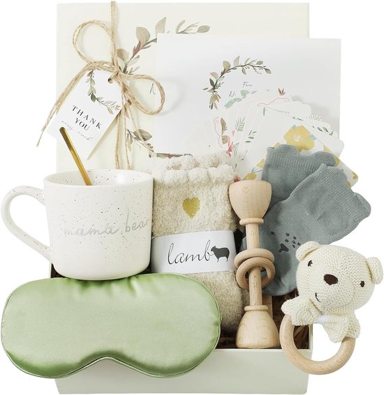 SnelShoppen - 9-delige houten bijtring set voor baby’s, gepersonaliseerd cadeau voor jongens en meisjes, inclusief luiertaart, rammelaar, drinkbeker,