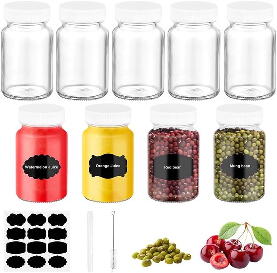 SnelShoppen - 9 Pack 60ml Glazen Sapflessen met Deksel en Labels, Draagbare Brede Mond Mini Flessen, Levenslange Flessen voor Sap, Gember Shots, Kruid