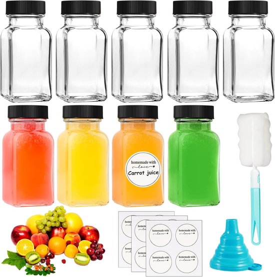 SnelShoppen - 9 Stuks Glazen Shotflessen 70ml met Deksels, Herbruikbare Mini Flessen voor Gember, Sappen en Kruiden, Inclusief Labels en Trechters, Pe