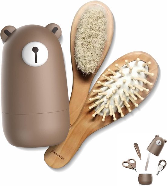 SnelShoppen - Baby 6-in-1 Verzorgingsset met Natuurlijke Houten Haarborstel, Kam, Nagelschaar, Nagelvijl en Pincet voor Kinderen en Pasgeborenen in Sc