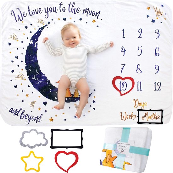 SnelShoppen - Baby Mijlpaaldeken - Milestone Deken voor Jongen of Meisje - Unisex Sterren & Maan Thema - Zacht, Dik en Comfortabel - Inclusief Frames
