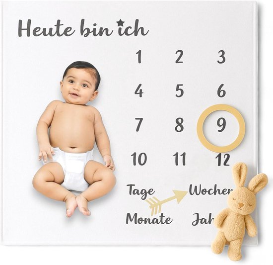 SnelShoppen - Babydeken, Mijlpaaldeken, Maanddeken, Fotodeken voor Baby, Mijlpaal Fotografie Props, Achtergrond Doek, 100 x 100 cm (Wit/Zwart Letter)