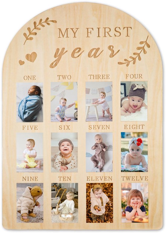 SnelShoppen - Babyfotolijst My First Year Babymijlpaalbord Houten Fotodisplay Gepersonaliseerd 12 Maanden Pasgeboren Fotolijst voor Jongens en Meisjes van Snelshoppen