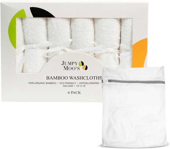 SnelShoppen - Bamboo Baby Washandjes, 100% Organisch, Hypoallergeen, Antibacterieel, Zacht voor Baby's en Volwassenen, 10x10 inch, Witte Set van 6 met