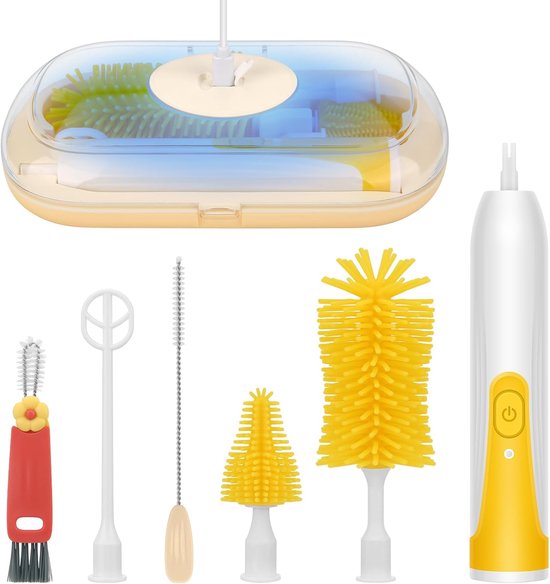 SnelShoppen - BlumWay Elektrische Flesborstel - Draagbare Babyfles Borstel voor Reizen - Waterproof Reinigingsset met Rietjesborstel - Gele Borstelset