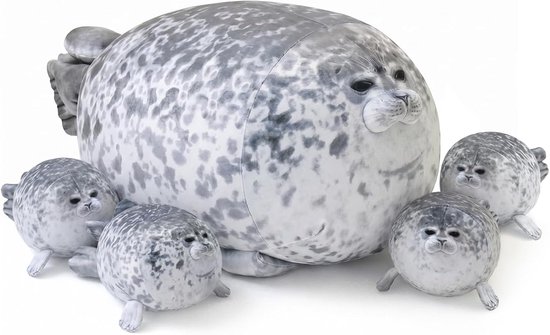 SnelShoppen - Chubby Seal Kussen Pluche met 4 Baby Seal in Buik, Super Zacht Speelgoed voor Kinderen, Perfect Cadeau voor Verjaardag, Veilig Materiaal