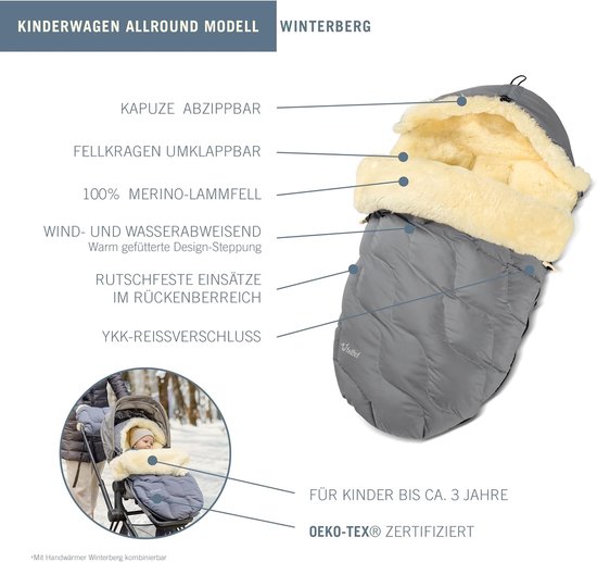 SnelShoppen - Fellhof Lamswollen Voetenzak voor Kinderwagen, Oeko-Tex Gecertificeerd, 50 x 98 cm, Wind- en Waterdicht, Verstelbare Gordels, Grijs