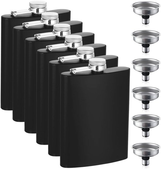 SnelShoppen - Flachmann RVS Heupflacon met Trechter, 230 ml Hip Flask, Zwart, Perfect voor Alcohol en Gin, Draagbare Fles voor Mannen en Vrouwen, Camp